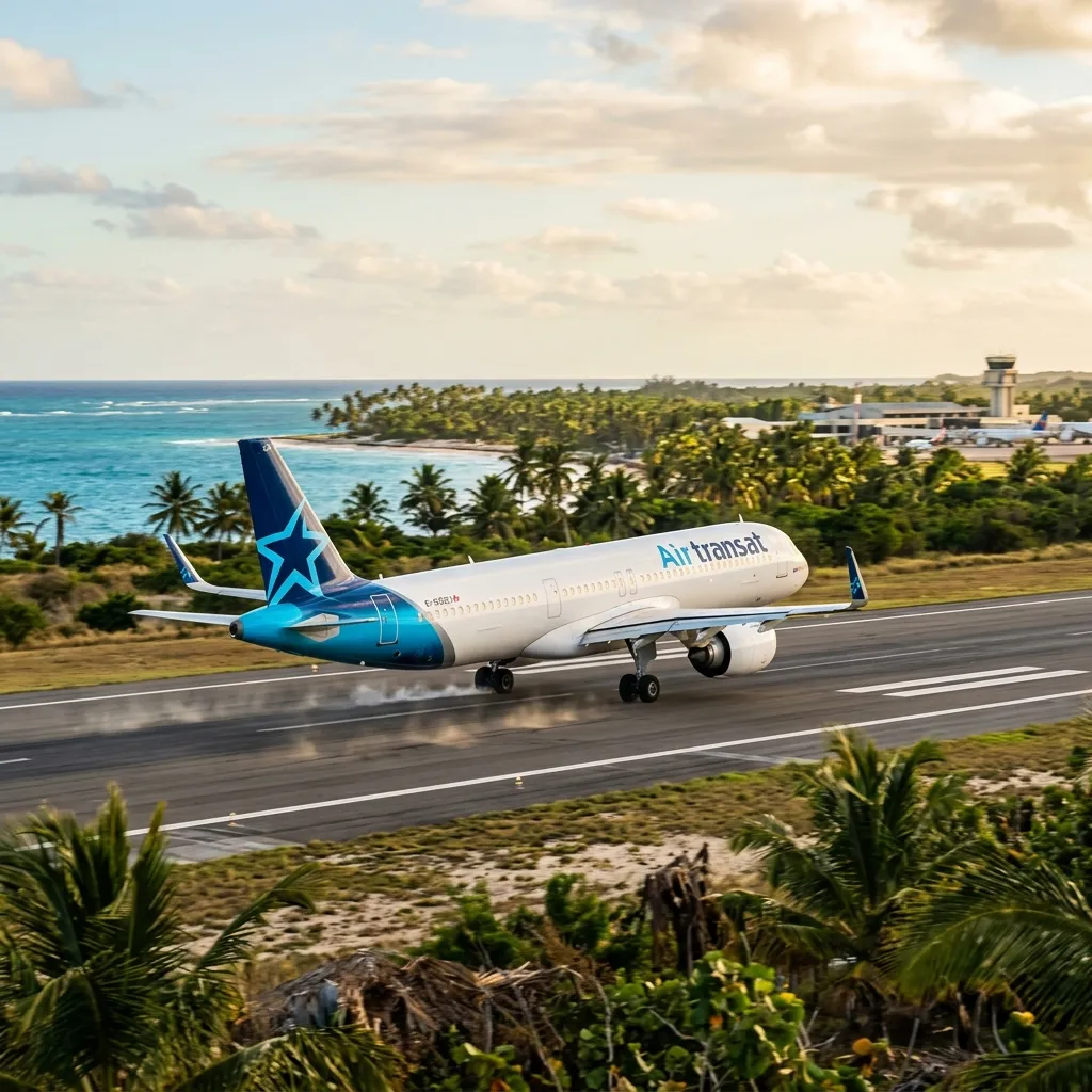 Avión de Air Transat aterrizando en el caribe