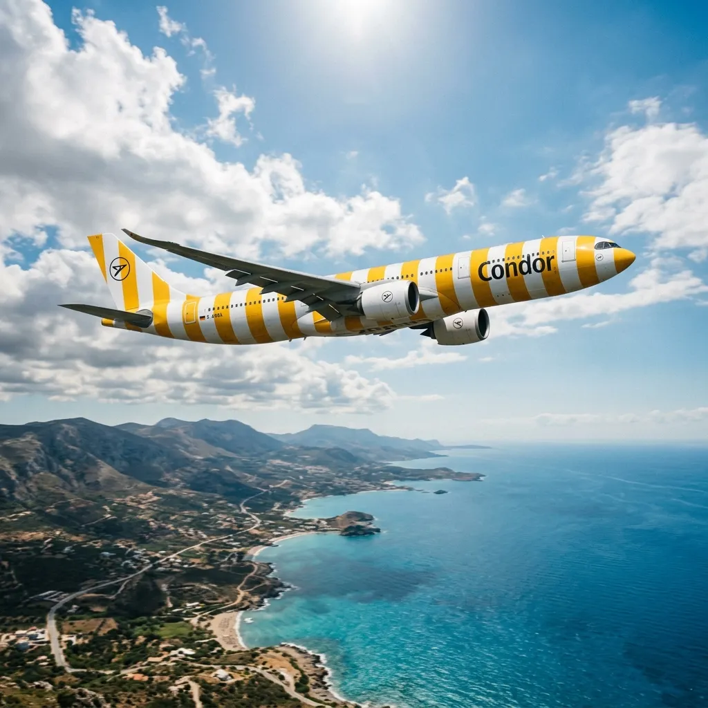 Avión de Condor con rayas amarillas volando