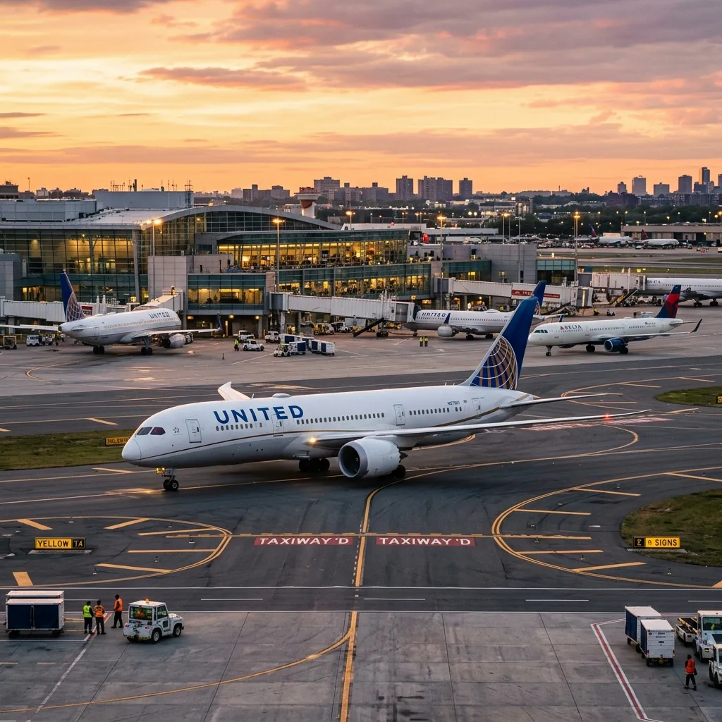 Vuelos de United Airlines - Avión en hub al atardecer