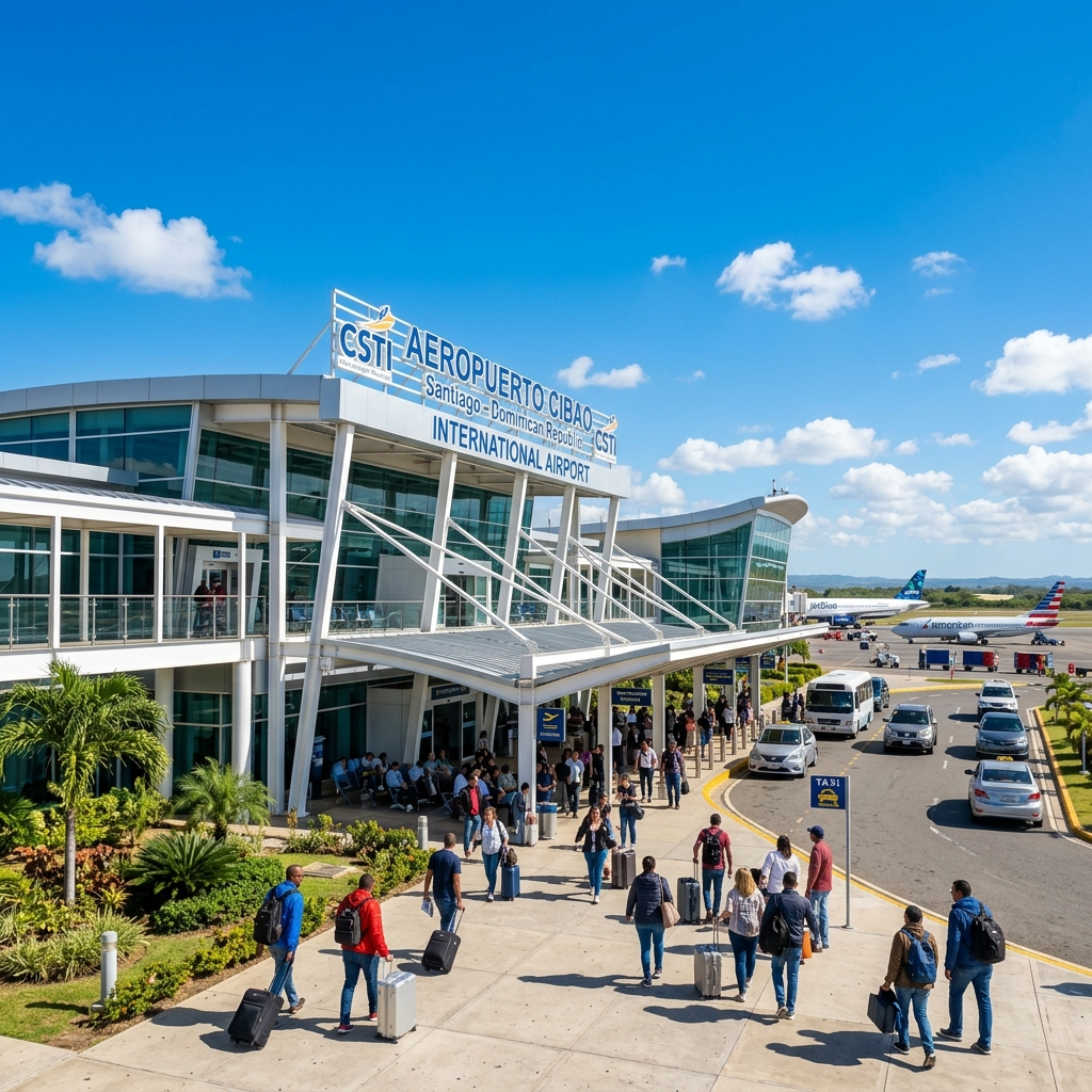 Vista de la terminal principal del Aeropuerto Internacional del Cibao en Santiago con aviones estacionados