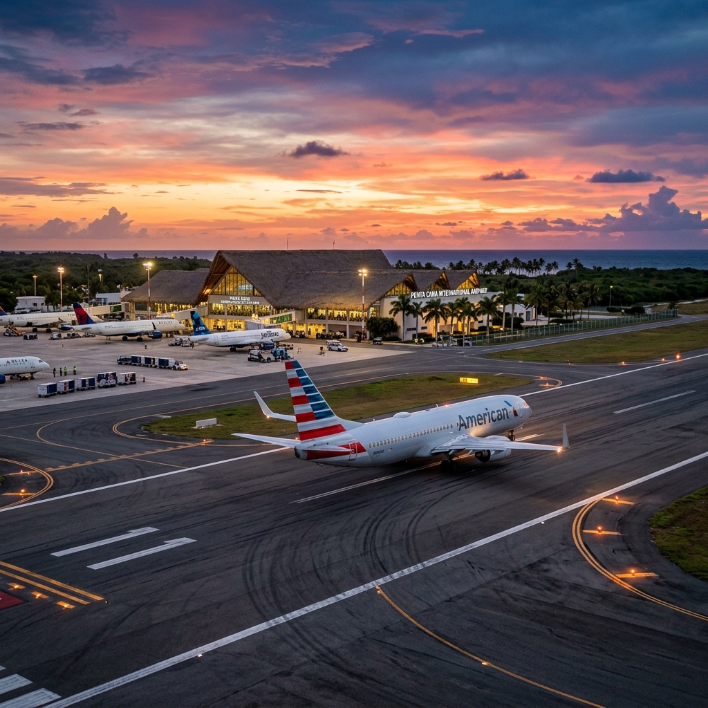 Avión Embraer 190 de SkyHigh Dominicana aterrizando en una isla del Caribe
