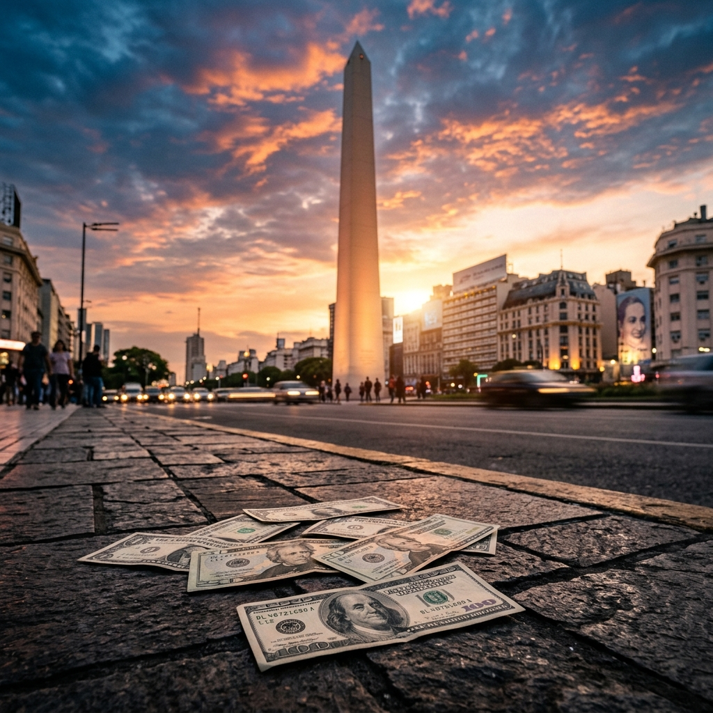 Billetes de dólares estadounidenses junto al Obelisco de Buenos Aires