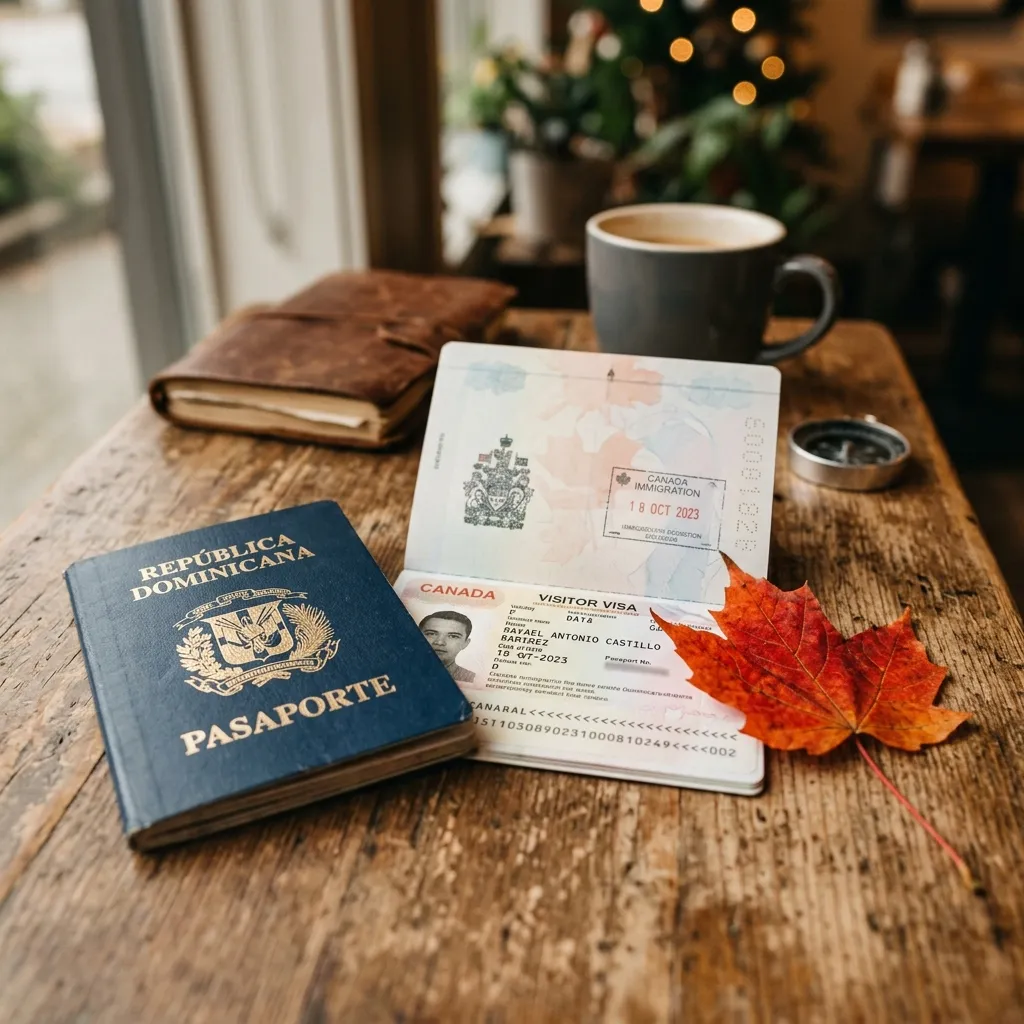 Pasaporte dominicano con Visa de Canadá y bandera de Canadá al fondo