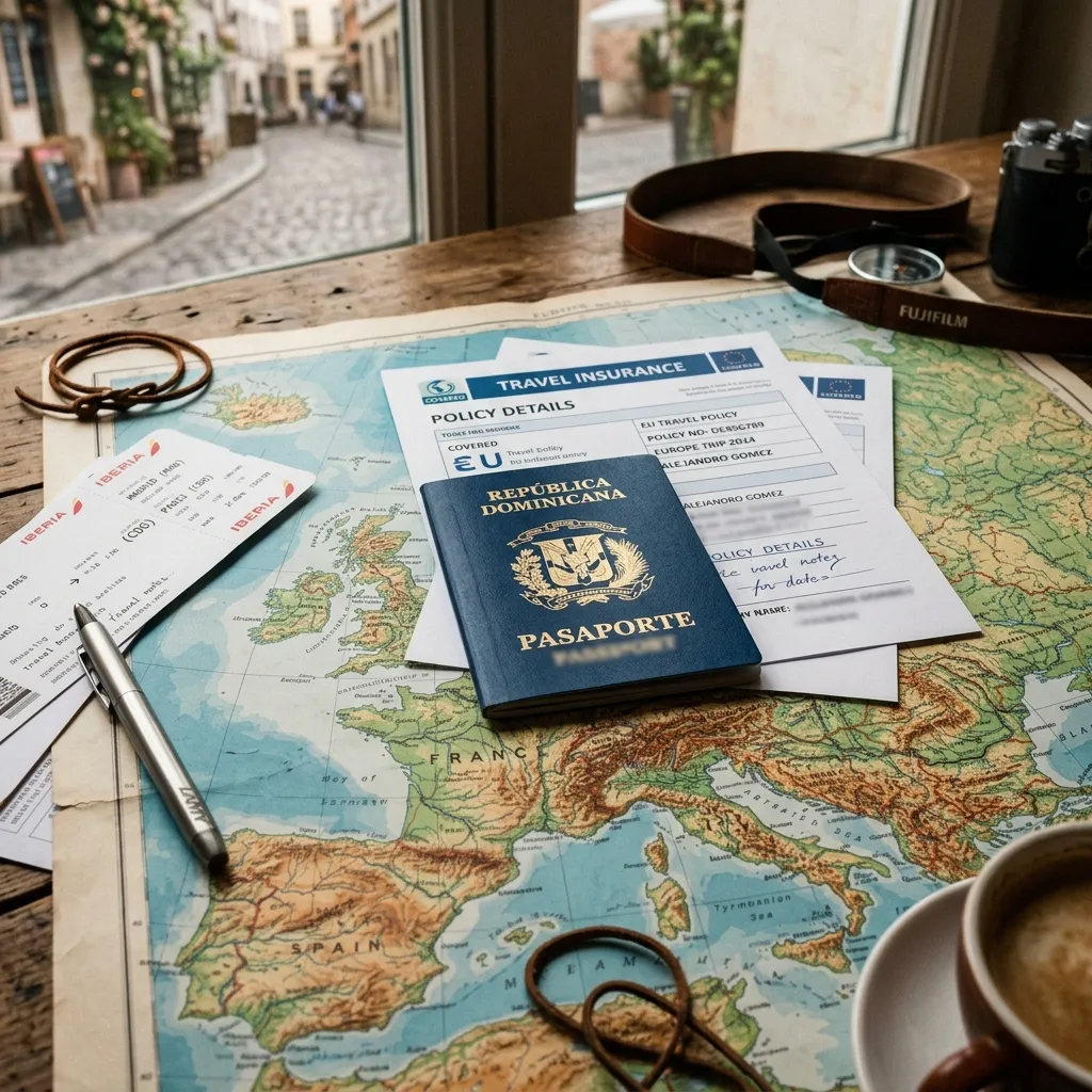 Póliza de seguro de viaje con pasaporte dominicano y boletos a Europa