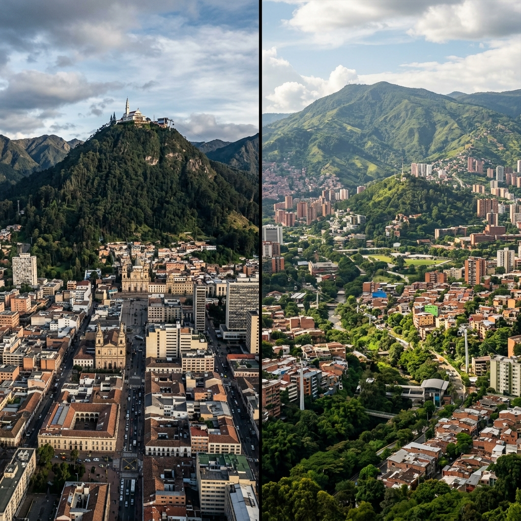Fotografía cinemática de un avión comercial sobrevolando el Peñol y las calles coloridas de Guatapé cerca de Medellín, Colombia