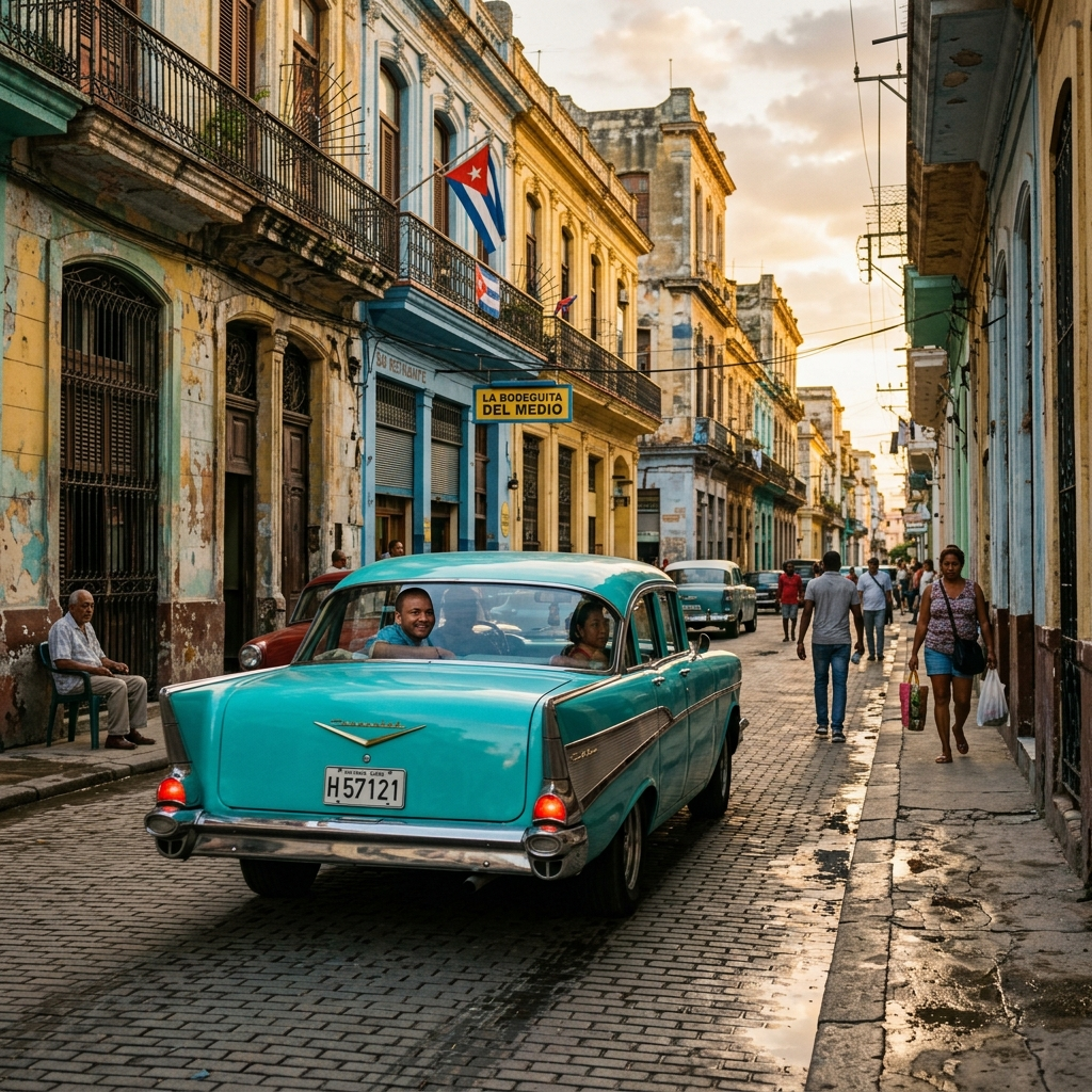 Fotografía cinemática de un avión comercial de JetBlue sobrevolando los autos clásicos y la colorida arquitectura colonial de La Habana Vieja en Cuba