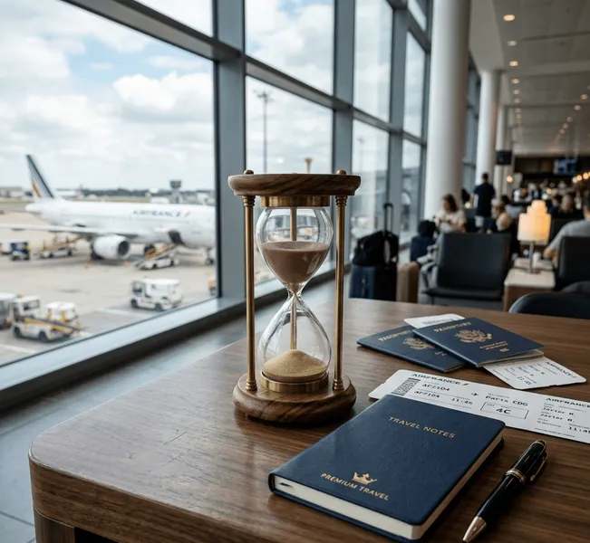 Reloj de arena y pasaportes en un escritorio de aeropuerto, simbolizando tiempo y derechos del viajero
