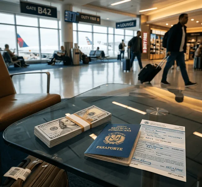 Billetes de dólares estadounidenses, formulario de declaración de aduanas y pasaporte dominicano