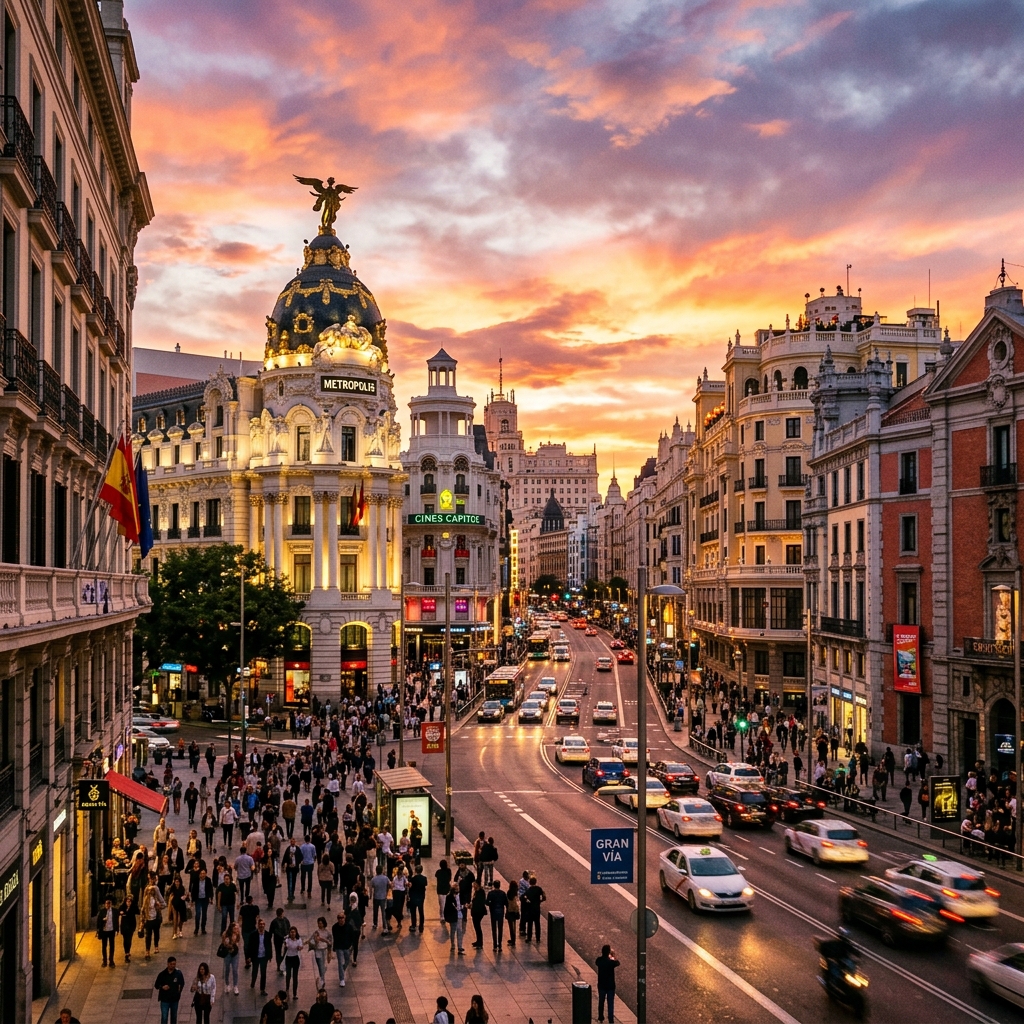 Vista de la emblemática Gran Vía de Madrid al atardecer con tráfico y edificios