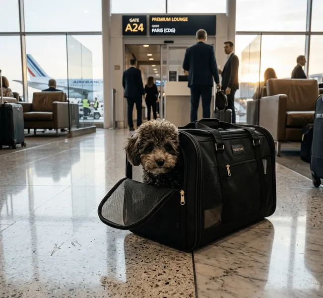 Perro poodle toy asomando la cabeza desde un elegante bolso de viaje para mascotas en el aeropuerto