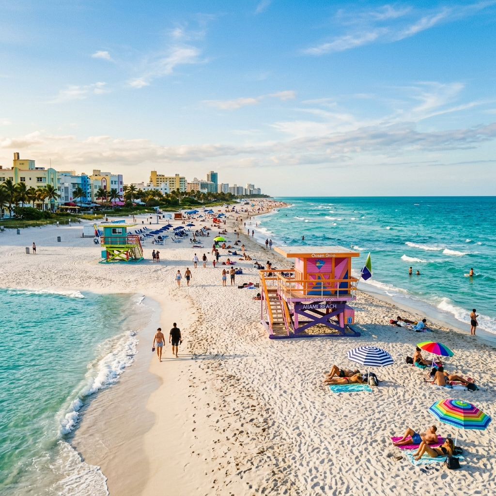 Fotografía cinemática de un avión comercial sobrevolando la vibrante costa turquesa de South Beach en Miami, representando vuelos hacia la Florida