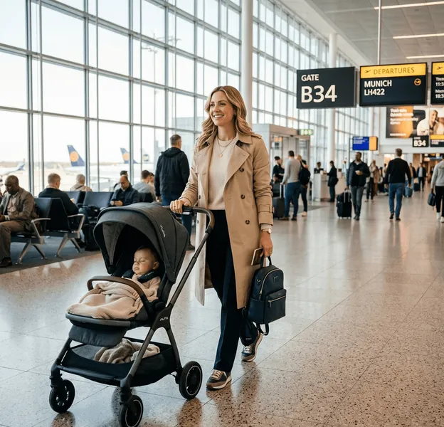 Madre moderna sonriente empujando un cochecito de bebé elegante en un aeropuerto