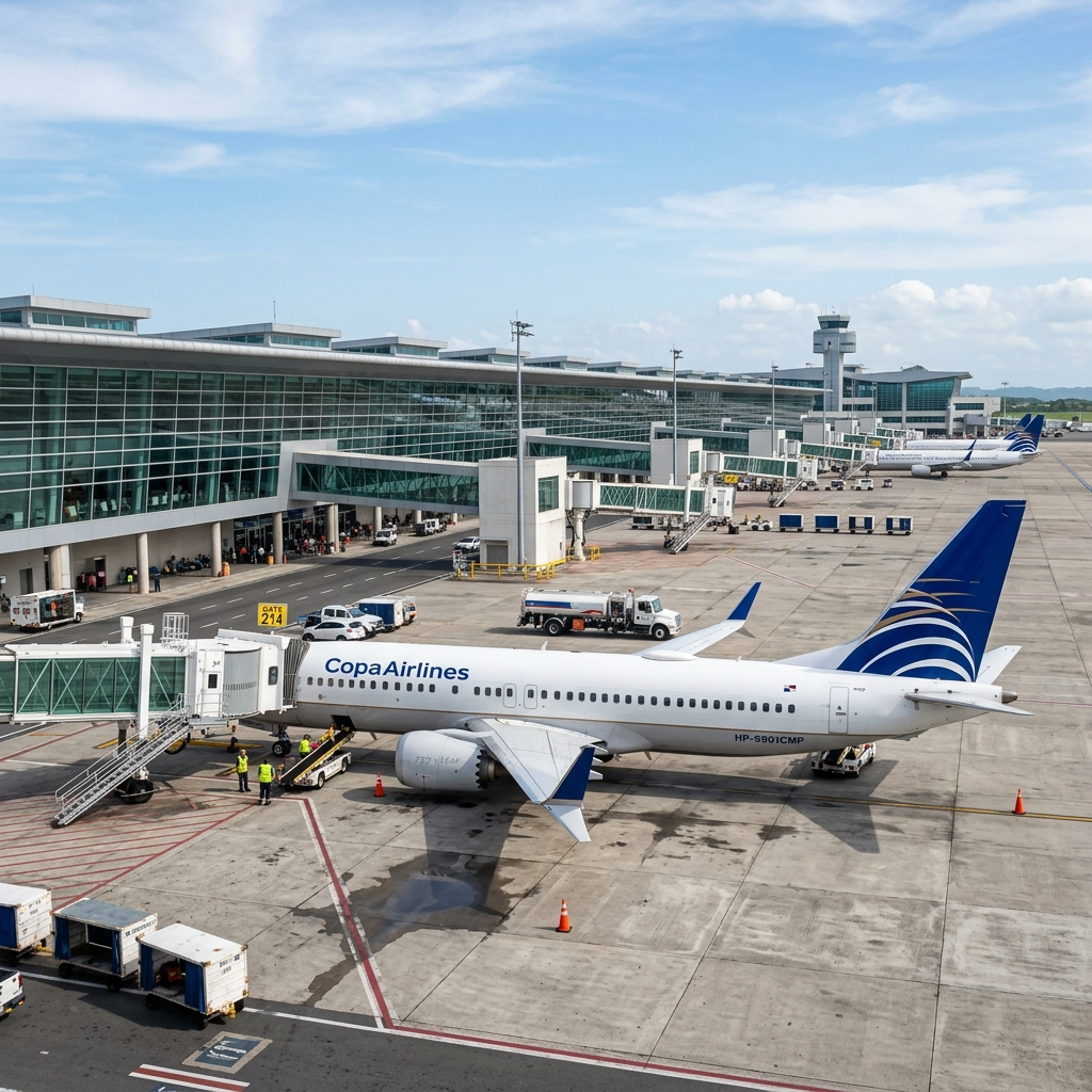 Avión Boeing 737 MAX de Copa Airlines estacionado en la moderna Terminal 2 del Aeropuerto de Tocumen