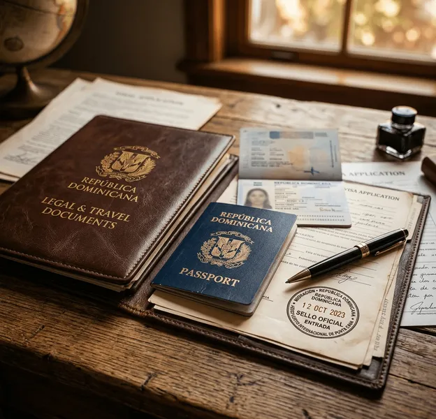 Pasaporte de República Dominicana junto a un documento legal sellado sobre un escritorio de madera