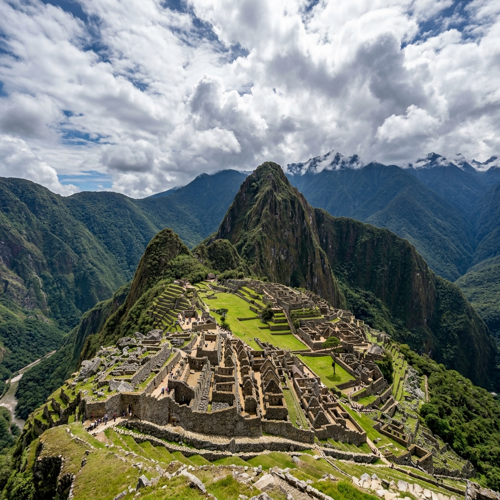Fotografía cinemática de un avión sobrevolando las majestuosas ruinas de Machu Picchu y la cordillera de los Andes en Perú