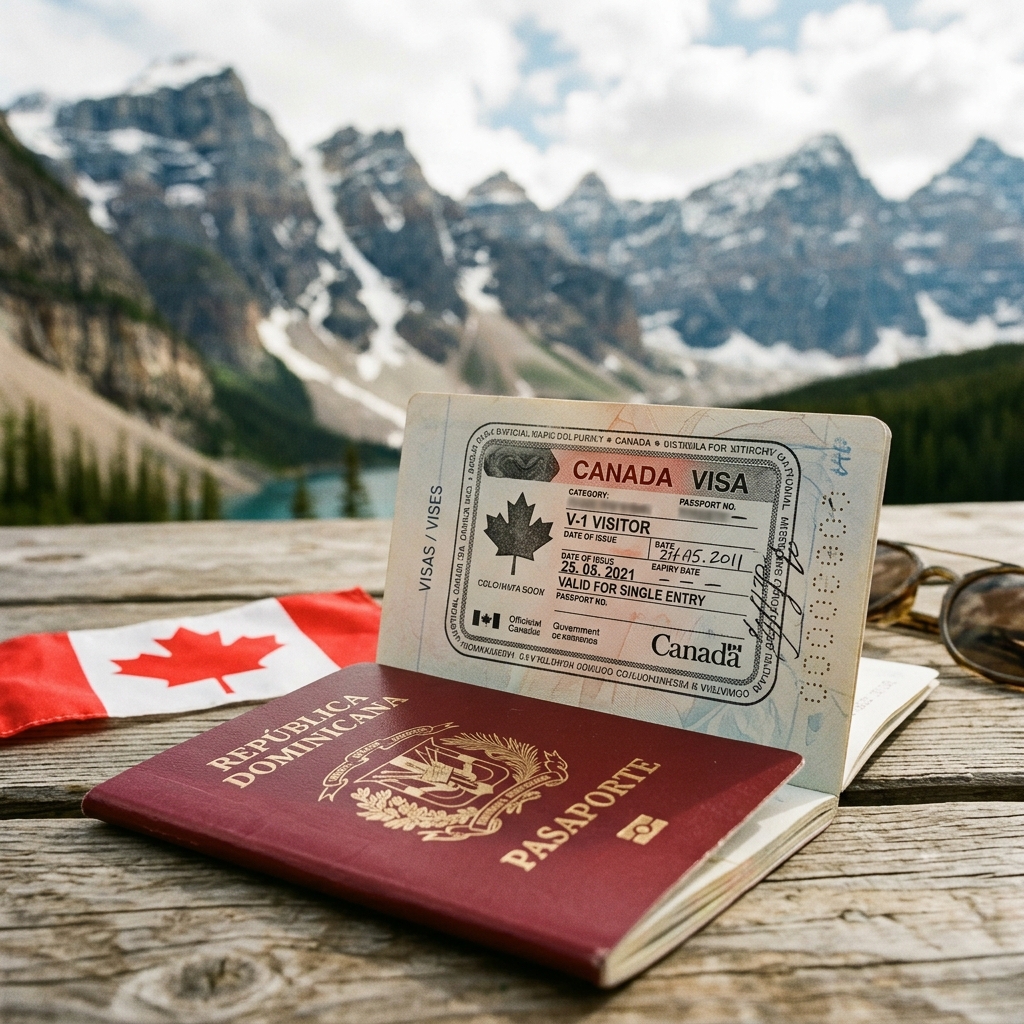 Pasaporte dominicano con Visa de Canadá y bandera de Canadá al fondo